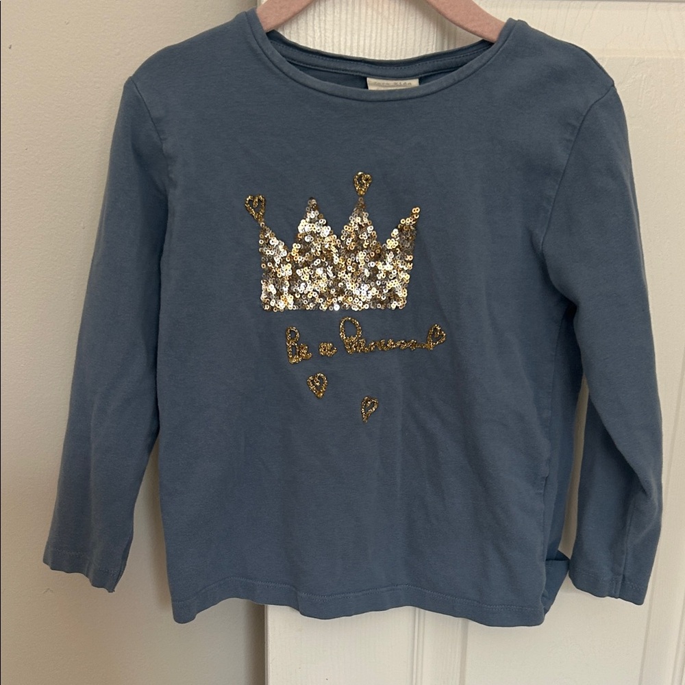 Kids Long Sleeve Blue Shirt with Gold Sequin Crown